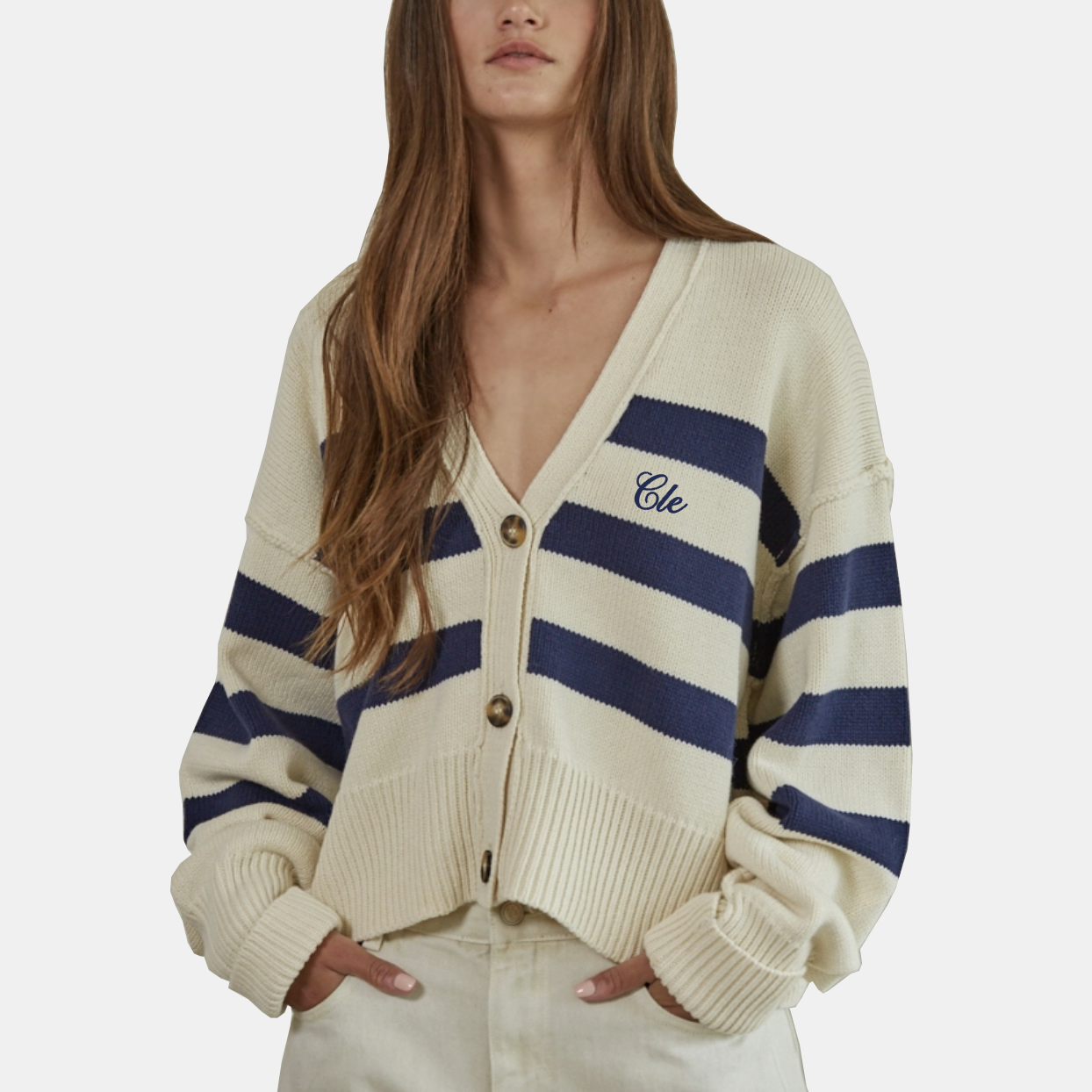 Cle Striped Button Down Cardigan - Cream/Navy