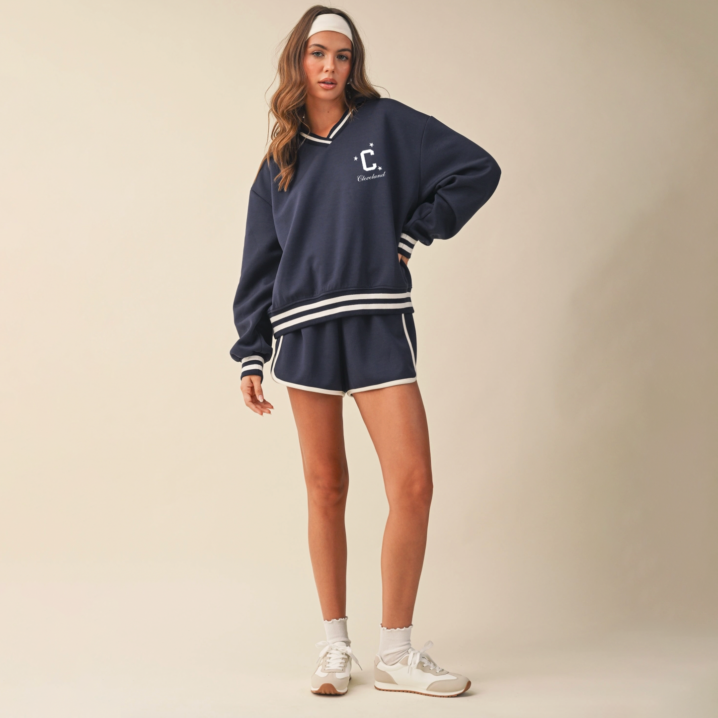 Cleveland Striped V-neck Sweatshirt - Navy