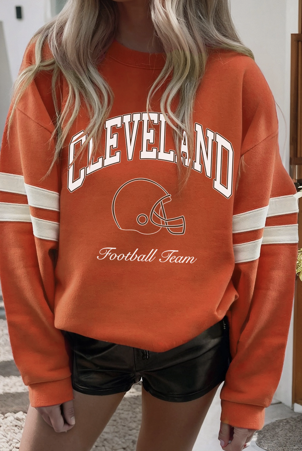 Cleveland Football Team Crewneck - Orange with Striped Sleeves