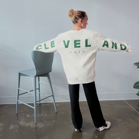 Return to Cleveland Puff Crewneck - Ivory/Forest Green