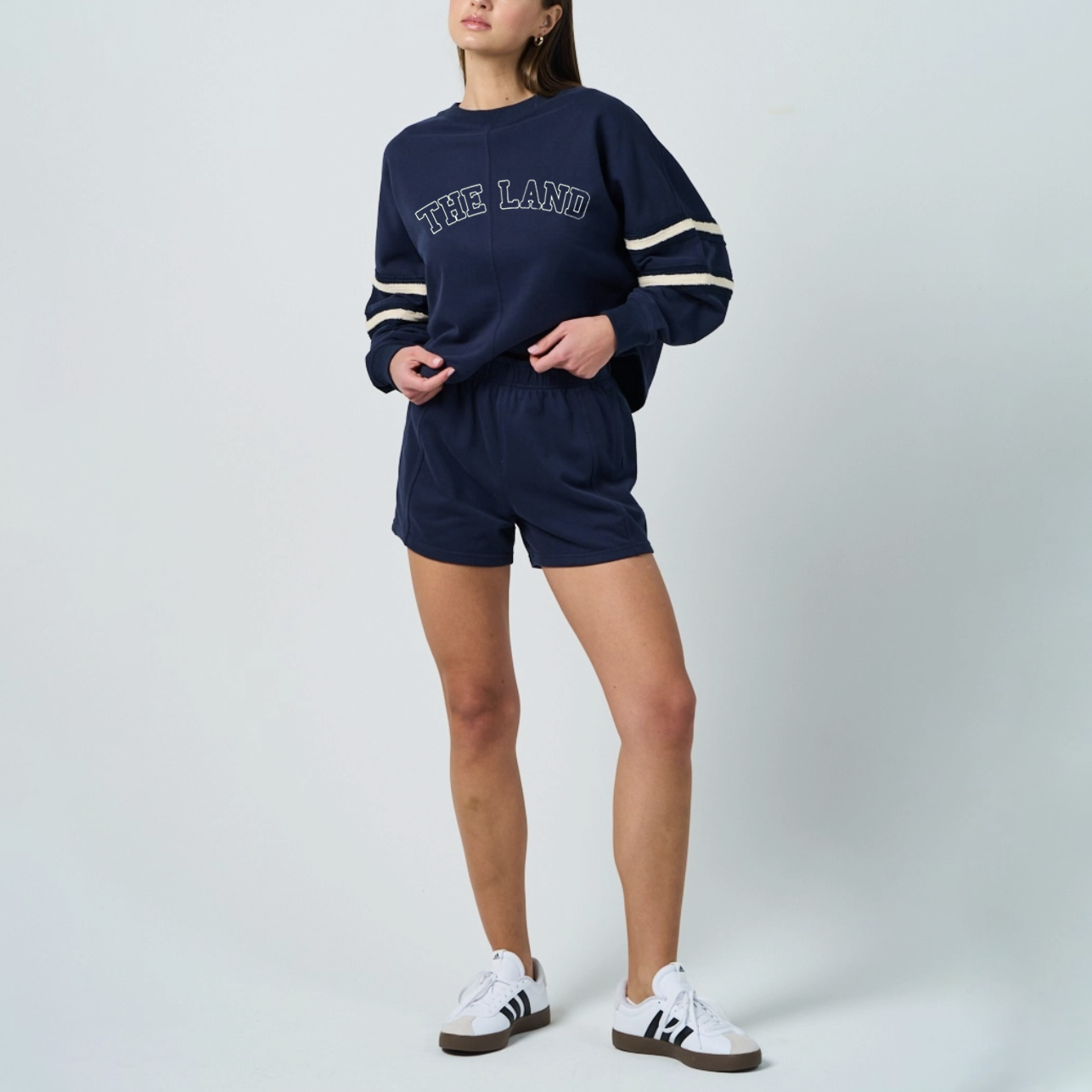 The Land Striped-Sleeve Crewneck - Navy