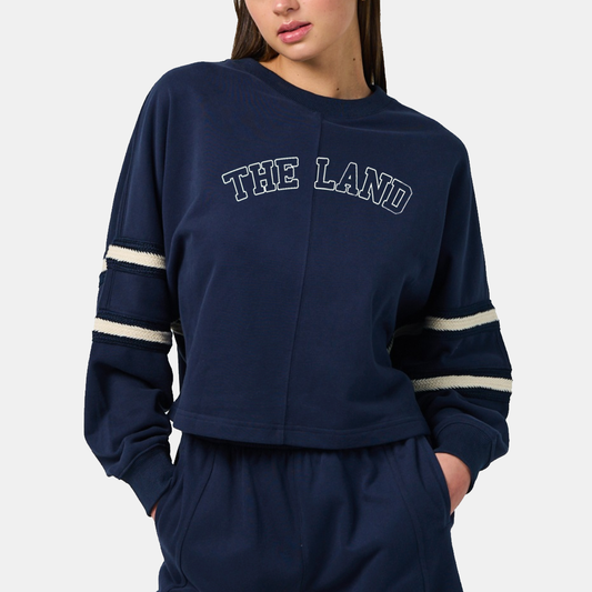 The Land Striped-Sleeve Crewneck - Navy
