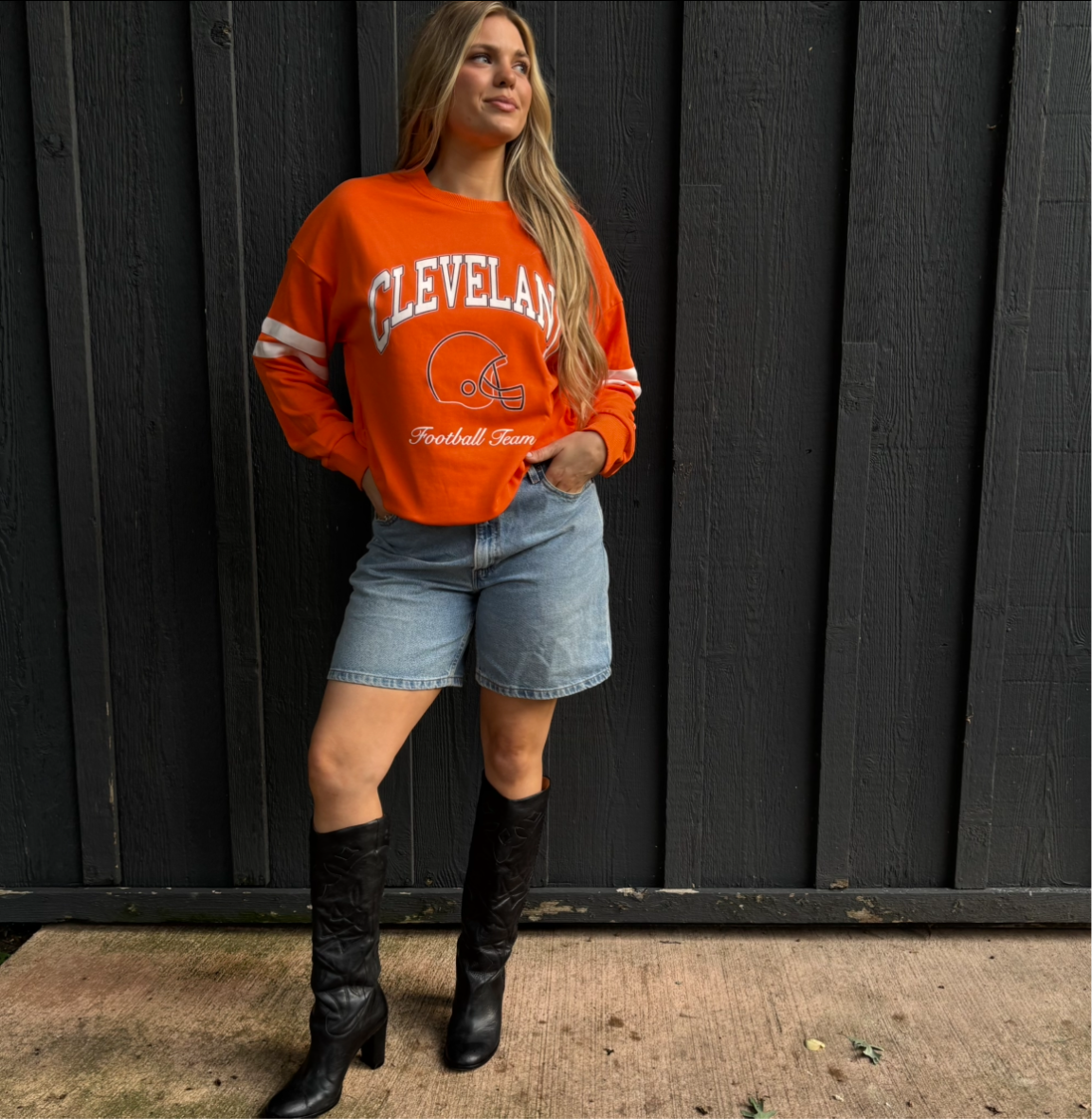 Cleveland Football Team Crewneck - Orange with Striped Sleeves