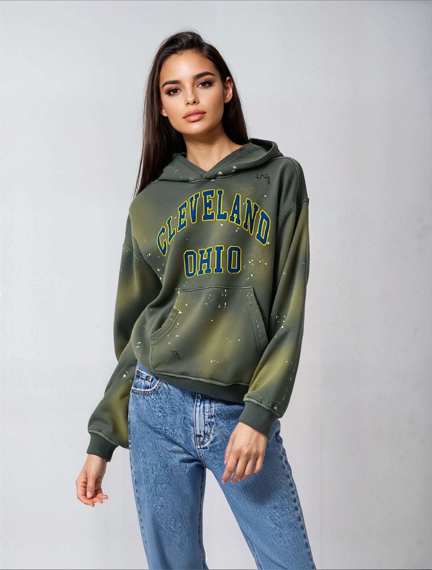 Cleveland Ohio Oversized Paint Splatter Hoodie - Army Green