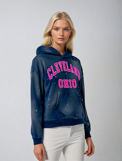 Cleveland Ohio Oversized Paint Splatter Hoodie - Navy Blue