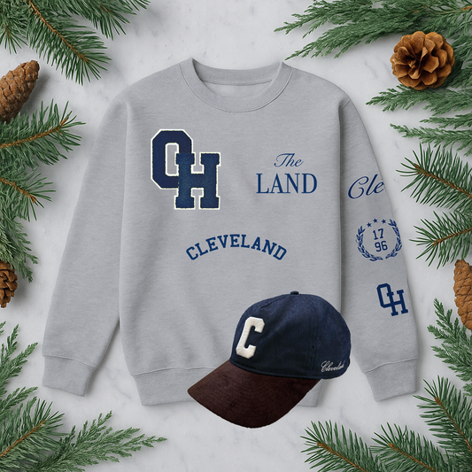 Cleveland Gift Pack - Chenille OH Sweatshirt + Denim C Hat