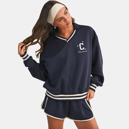 Cleveland Striped V-neck Sweatshirt - Navy