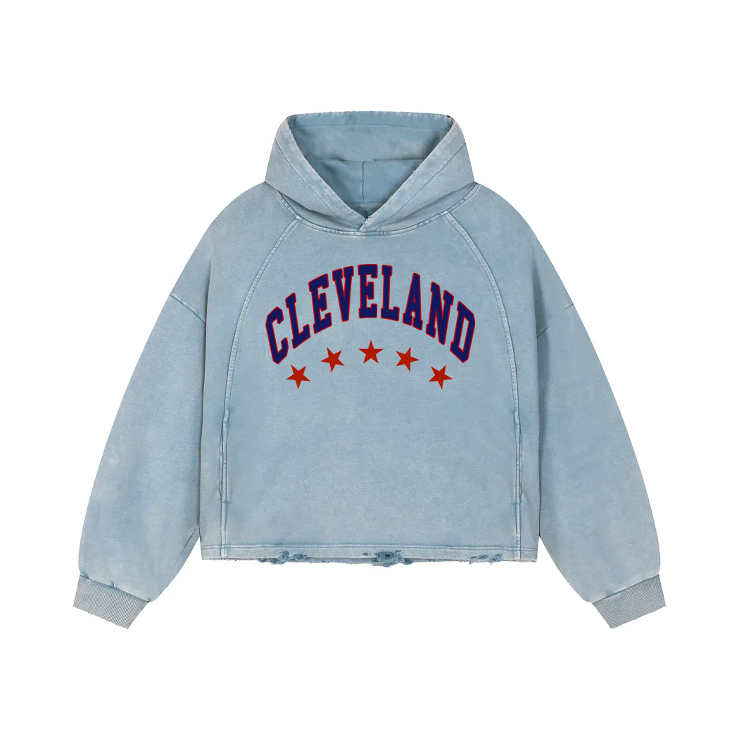 Cleveland Distressed Vintage Hoodie - Baby Blue