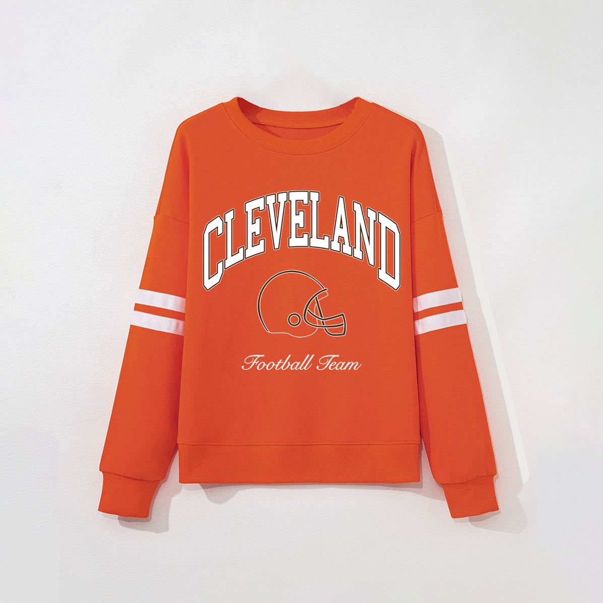 Cleveland Football Team Crewneck - Orange with Striped Sleeves