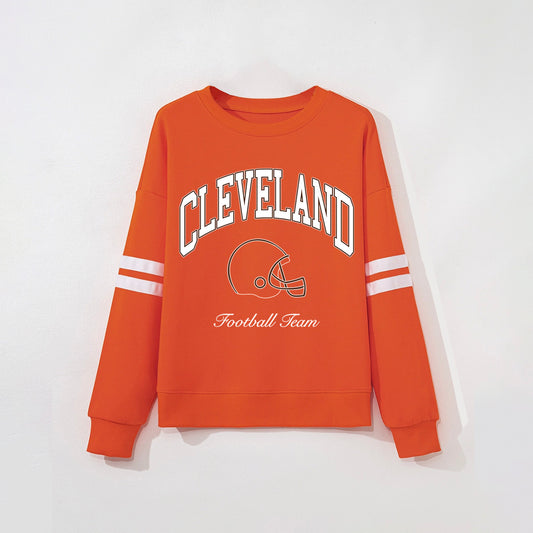 Cleveland Football Team Crewneck - Orange with Striped Sleeves