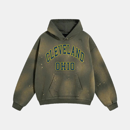 Cleveland Ohio Oversized Paint Splatter Hoodie - Army Green