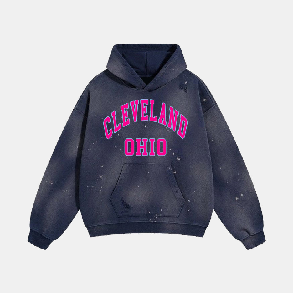 Cleveland Ohio Oversized Paint Splatter Hoodie - Navy Blue