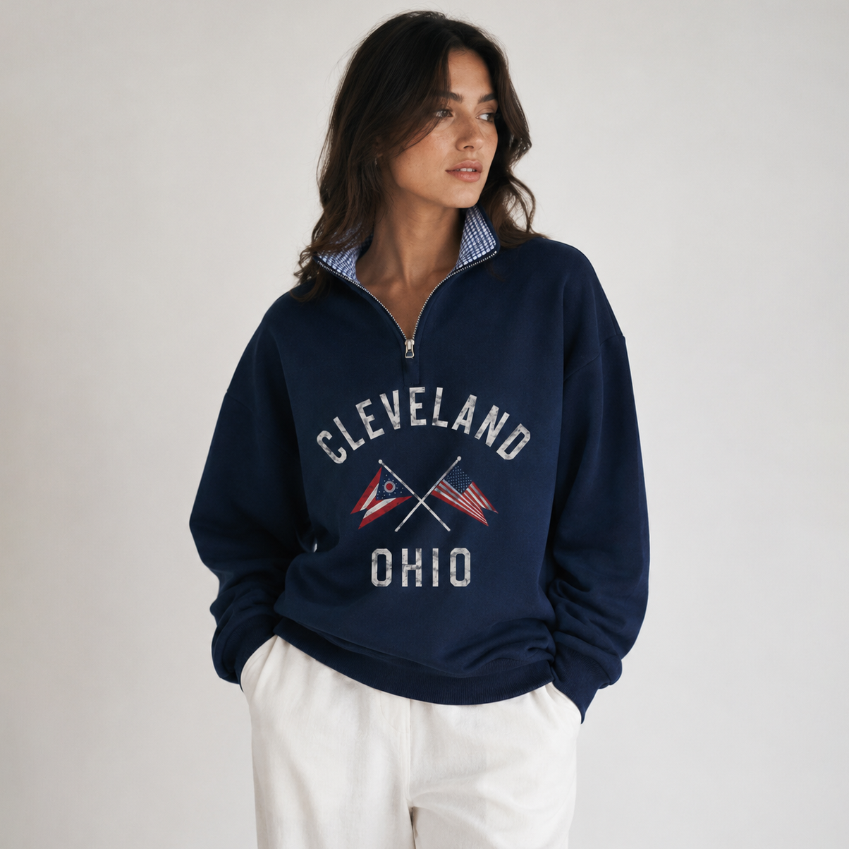 Cleveland Ohio Regatta Quarter Zip with Plaid Patchwork