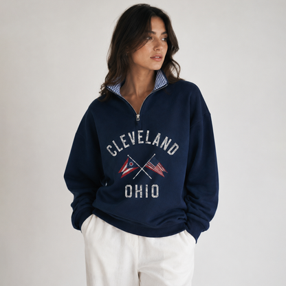 Cleveland Ohio Regatta Quarter Zip with Plaid Patchwork