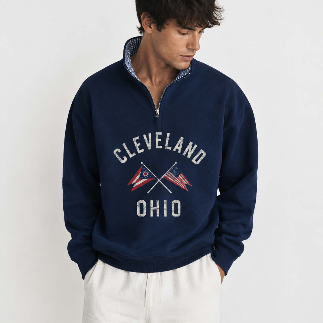 Cleveland Ohio Regatta Quarter Zip with Plaid Patchwork