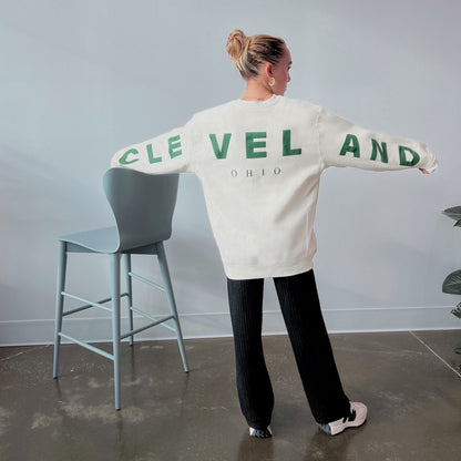Return to Cleveland Puff Crewneck - Ivory/Forest Green