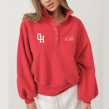 Iconic Cleveland Embroidered Collared Sweatshirt - Red