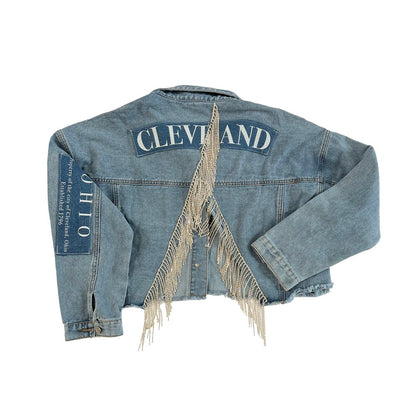 OOAK - Property of Cleveland Rhinestone Fringe Denim Jacket