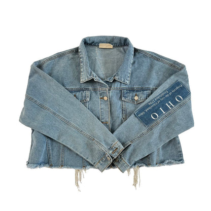 OOAK - Property of Cleveland Rhinestone Fringe Denim Jacket