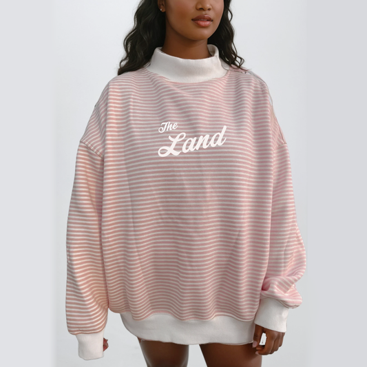 The Land Oversized Mock Neck Sweatshirt - Striped Baby Pink